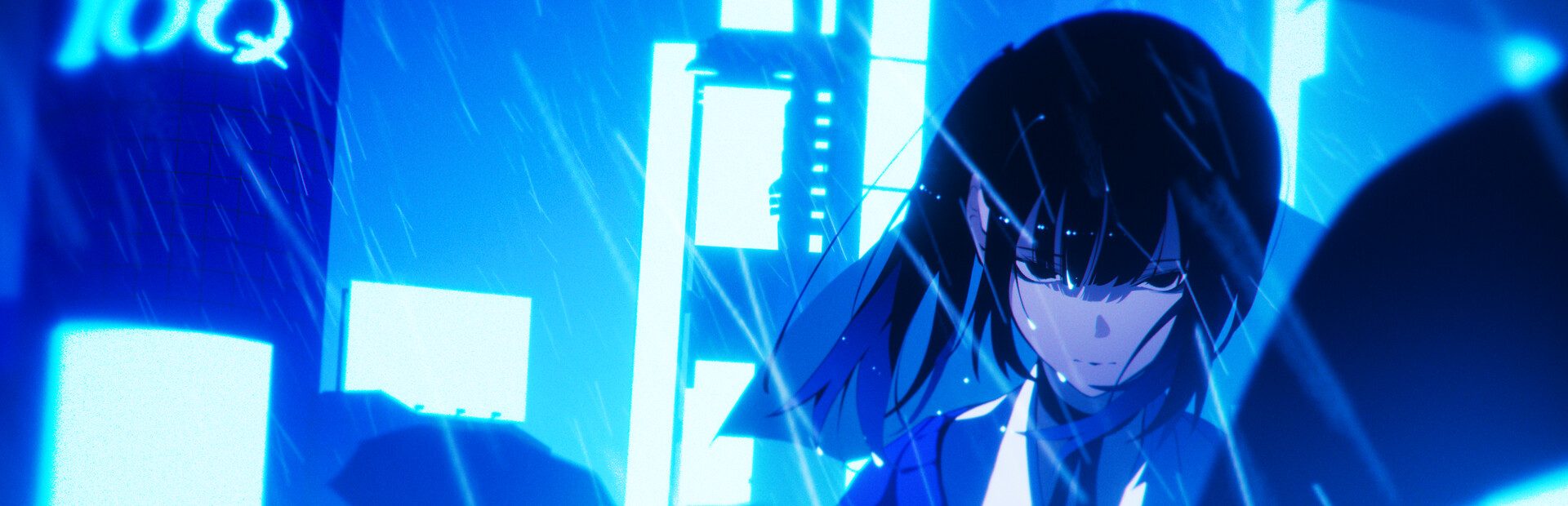Official Rain98 key art: two silhouetted figures under a blue-lit rainy cityscape